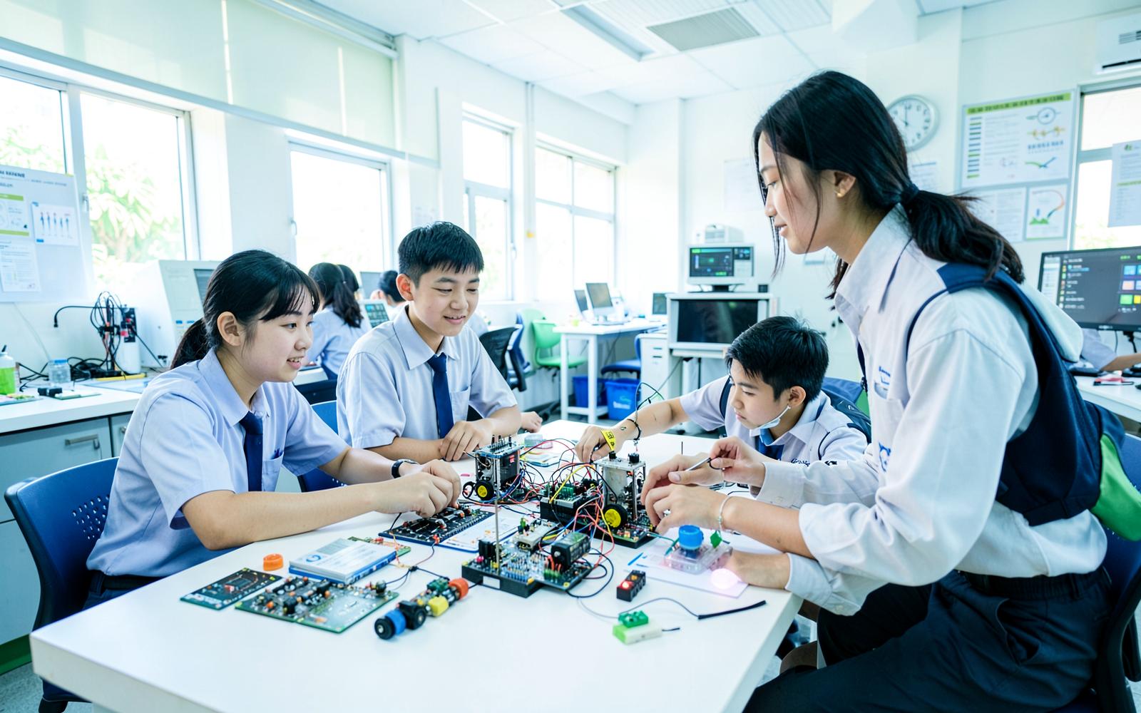 Siswa merakit kit robotika di laboratorium STEM
